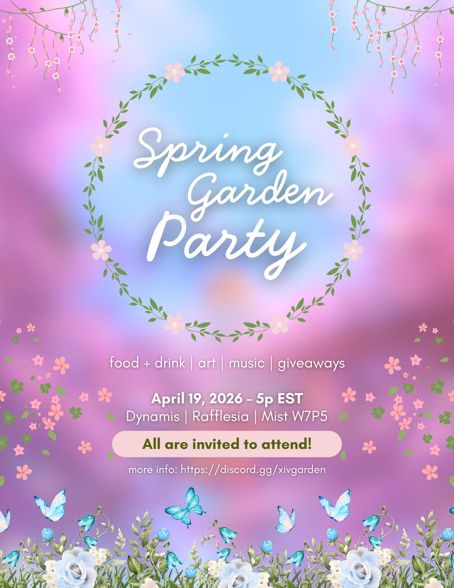 Spring Garden Party 2026 Join us at the Garden estate (Dynamis, Rafflesia, Mist Ward 7 Plot 5) on April 19th starting at 5pm EST for a day of flowery celebration. Food and drink, art, music, and giveaways galore!